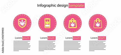 Set line Shopping bag of marijuana, Online buying and Shield and icon. Vector