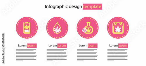 Set line Test tube with marijuana, Calendar and, Marijuana or cannabis leaf oil and Online buying icon. Vector