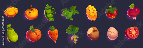 Vegetables and fruit icons. Game items of strawberry, carrot, potato, tomato, apple and egg. Vector cartoon set of farm food symbols, pumpkin, corn, ginger, spinach and peas isolated on background