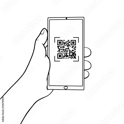 Hand holding a mobile phone with QR code on the screen. QR code scanning in smartphone in line style. Barcode scanner for pay, web, app, promo. Vector illustration.