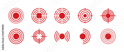 Pain point icons set. Pain red circles mark. Target spot symbols for medical design. Concept killer for headaches, abdominal aches. Editable stroke. Vector illustration isolated on white background.