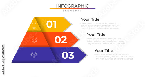 Triangle pyramid three steps infographic elements plan concept design vector with icons. Business workflow network project template for presentation and report.	