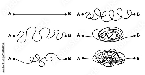 Hard, medium and easy way solution concept illustrated by tangled and straight lines. Complicated and simple path decision. Vector illustration design.
