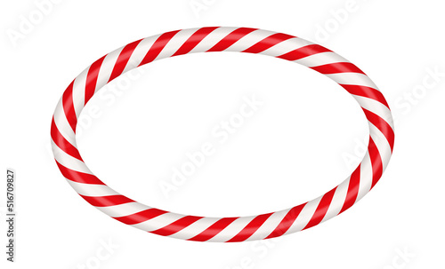 Christmas candy cane oval frame with red and white striped. Xmas border with striped candy lollipop pattern. Blank christmas and new year template. Vector illustration isolated on white background.