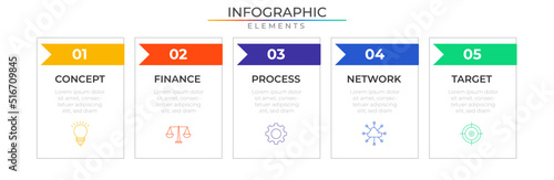 Five steps infographic elements plan concept design vector with icons. Business workflow network project template for presentation and report. 