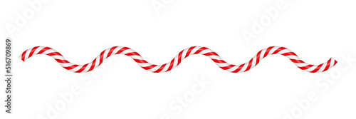 Christmas candy cane wave line with red and white striped. Xmas line with striped candy lollipop pattern. Christmas and new year element. Vector illustration isolated on white background.