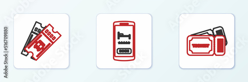 Set line Ticket, Bus ticket and Online hotel booking icon. Vector