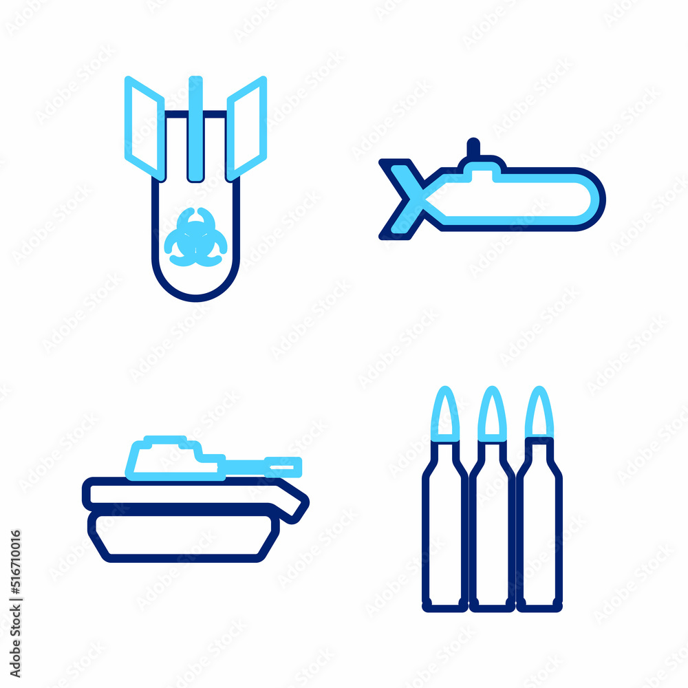 Set line Bullet, Military tank, Submarine and Biohazard bomb icon. Vector Set line Bullet, Military tank, Submarine and Biohazard bomb icon. Vector