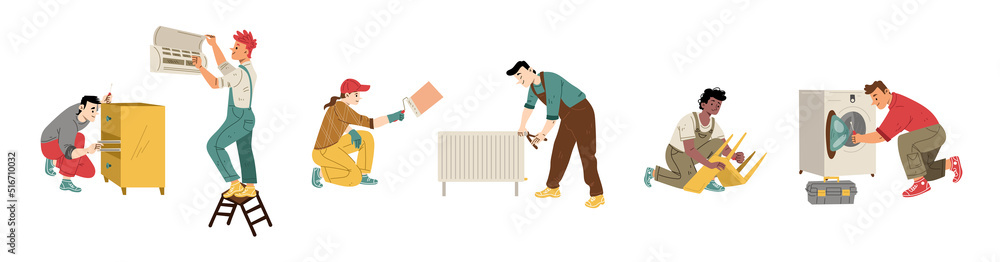 Obraz premium Repairmen, renovation and maintenance service workers. Vector flat illustration of diverse people fix broken furniture, washing machine, air conditioner, radiator and paint wall