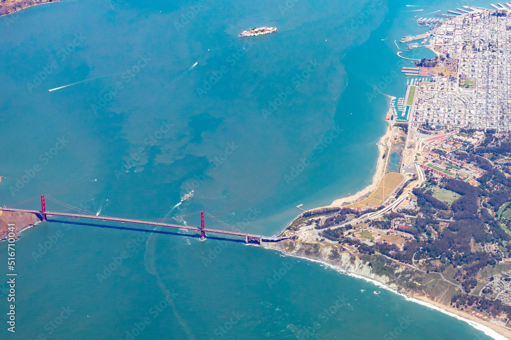 aerial of bay with downtown San Francisco and Golden gate bridge