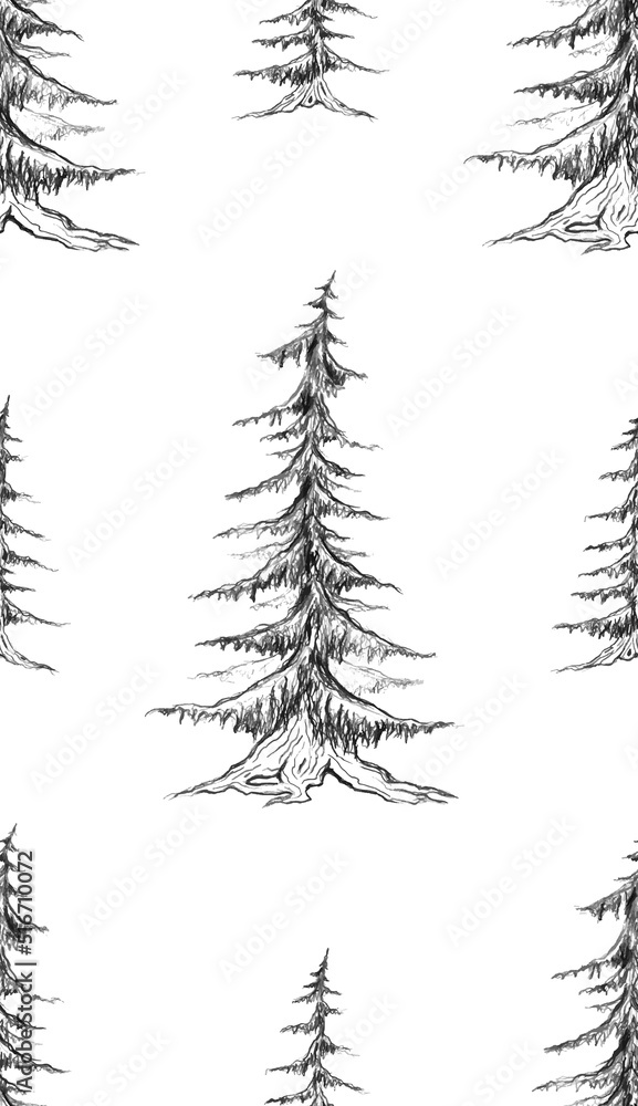 Pattern with pencil sketch fir trees on a white background. Natural texture with pines.
