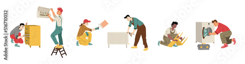 Repairmen, renovation and maintenance service workers. Vector flat illustration of diverse people fix broken furniture, washing machine, air conditioner, radiator and paint wall