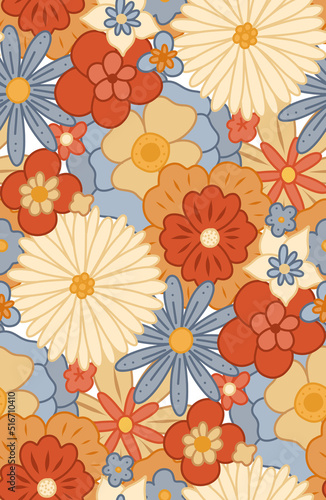 Seamless retro pattern with dense groovy flowers. Vector hippie texture with different flowers. Floral retro background
