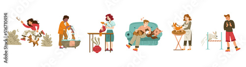 Pet care concept with grooming service, walking, training and veterinary. Vector flat illustration of people and cute domestic animals, dog, cat, rabbit and parrot isolated on white background