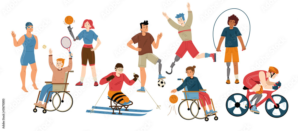 Paralympic athletes, sport people with prosthesis and in wheelchair. Vector flat illustration of active characters with disabilities training, play soccer, basketball, tennis, jogging, swim and skiing
