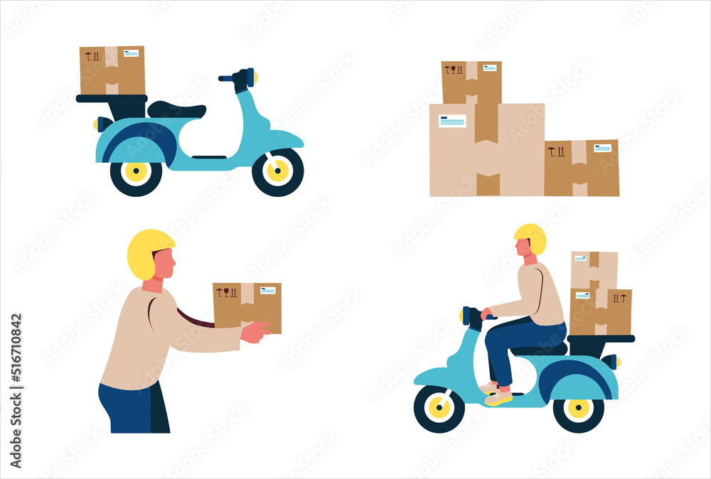 Delivery pack, boxes and delivery man with box in hand and boxes on motorcycle