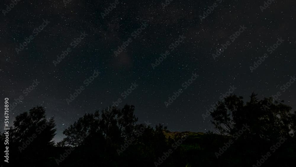 Time lapse of Stars and shooting stars moving across the sky above a forest. Clouds, meteors and shooting stars streak across the night sky. Time lapse of Stars and shooting stars moving across the sky above a forest. Clouds, meteors and shooting stars streak across the night sky.