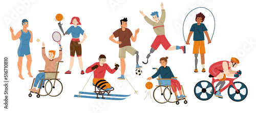 Paralympic athletes, sport people with prosthesis and in wheelchair. Vector flat illustration of active characters with disabilities training, play soccer, basketball, tennis, jogging, swim and skiing © klyaksun