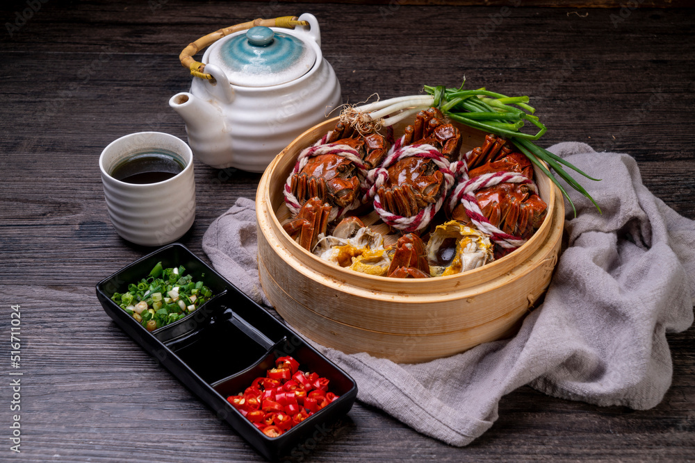 Steamed hairy crab, a traditional Chinese cuisine Steamed hairy crab, a traditional Chinese cuisine
