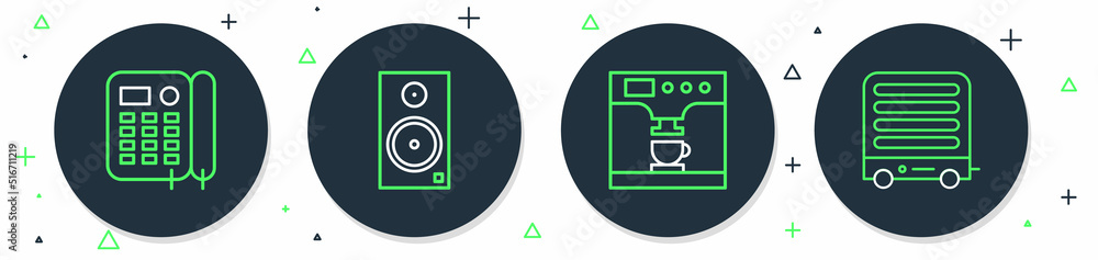 Set line Stereo speaker, Coffee machine and cup, Telephone and Electric heater icon. Vector Set line Stereo speaker, Coffee machine and cup, Telephone and Electric heater icon. Vector