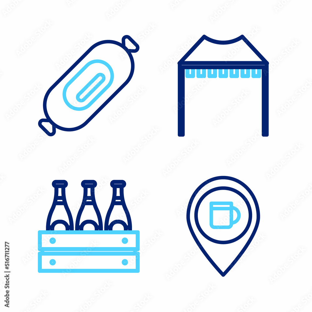 Set line Alcohol or beer bar location, Pack of bottles, Camping tent and Salami sausage icon. Vector Set line Alcohol or beer bar location, Pack of bottles, Camping tent and Salami sausage icon. Vector