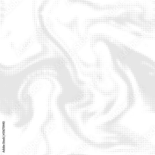 Abstract white wave halftone background. Monochrome seamless texture for printing. Vintage liquid twisted pattern of dots randomly arranged. Vector digital wallpaper 