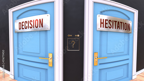 Decision or Hesitation - a choice. Two options to choose from represented by doors leading to different outcomes. Symbolizes decision to pick up either Decision or Hesitation.,3d illustration