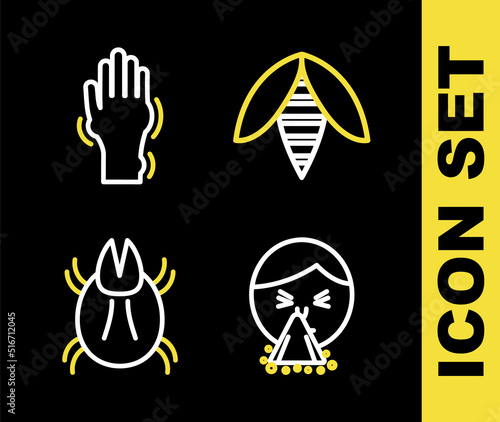 Set line Bee, Handkerchief to his runny nose, Parasite mite and with psoriasis or eczema icon. Vector