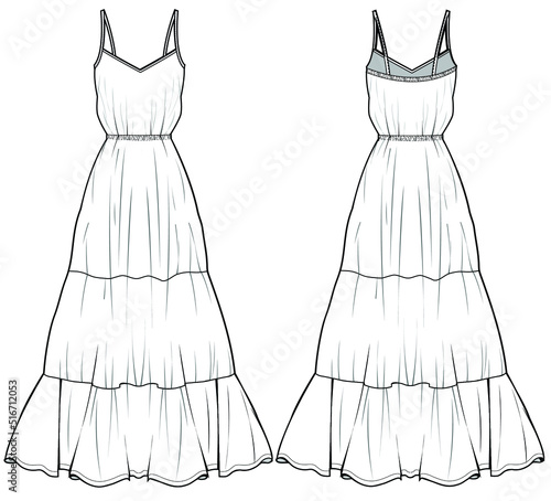strappy flared maxi tiered dress Front and Back View. Fashion Illustration, Vector, CAD, Technical Drawing, Flat Drawing. photo