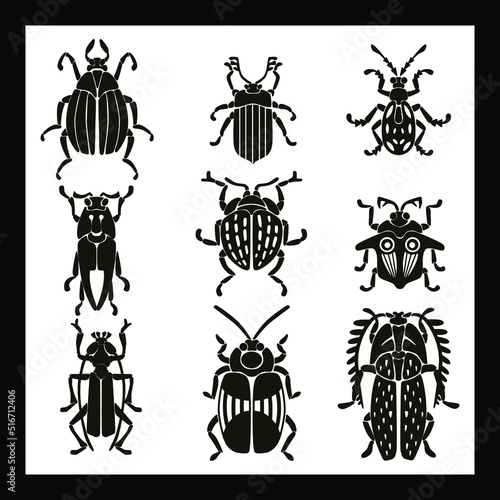 Set beetles are black on a white background. The Outline Of An Insect-Beetle. Beetles in a black fill outline on a white background. 