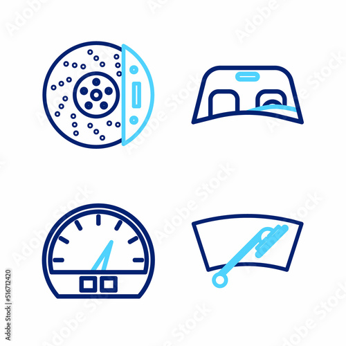 Set line Windscreen wiper, Speedometer, Car windscreen and brake disk with caliper icon. Vector