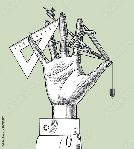 Engraved vintage drawing of Woman's hand with pencil, divider, ruler for design job between fingers