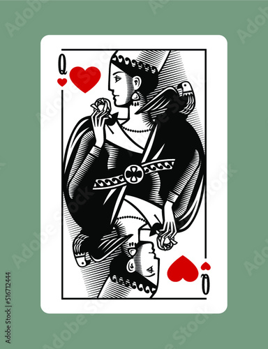 Engraved vintage drawing of Queen playing card of Hearts suit in vintage engraving drawing stile
