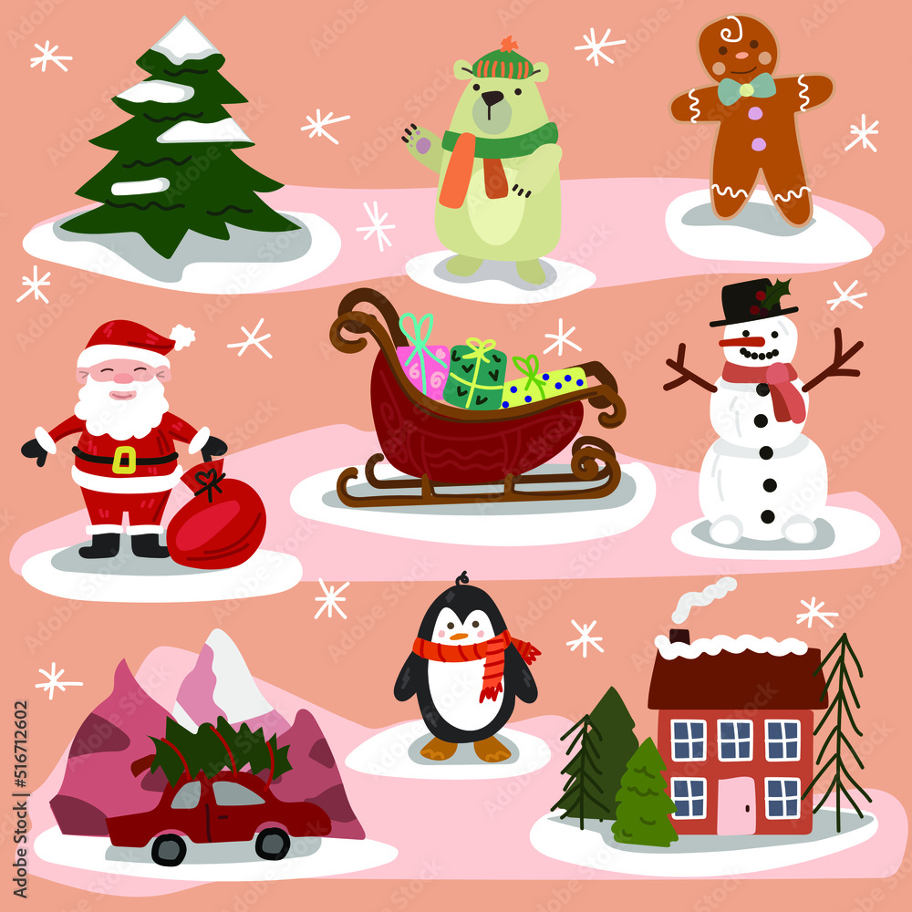 Collection and set of elements Merry Christmas. Santa Claus, bear, snowman, sleigh with gifts, Christmas tree, penguin, car with Christmas tree, house, gingerbread. Vector illustration Collection and set of elements Merry Christmas. Santa Claus, bear, snowman, sleigh with gifts, Christmas tree, penguin, car with Christmas tree, house, gingerbread. Vector illustration