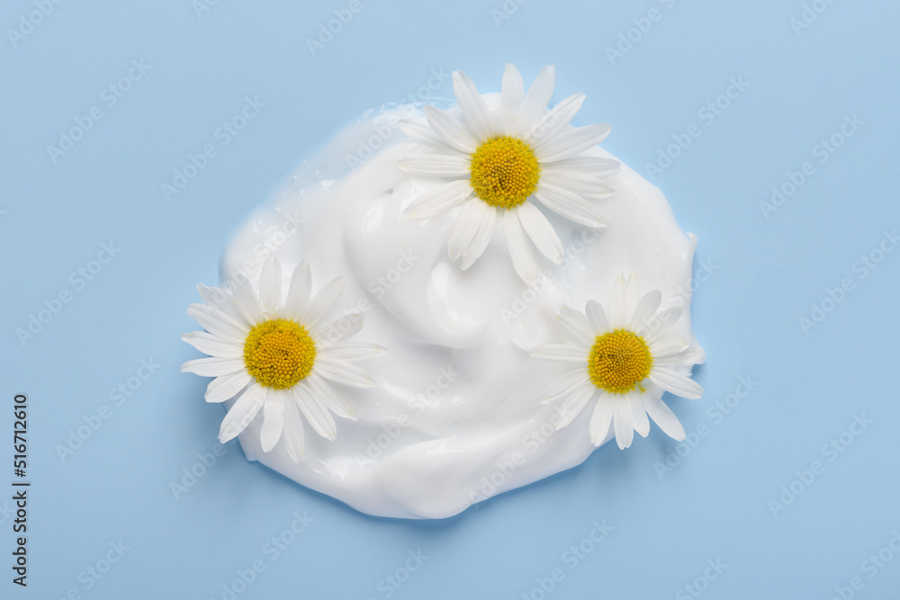 Obraz premium White cosmetic cream with chamomile flowers on blue background top view