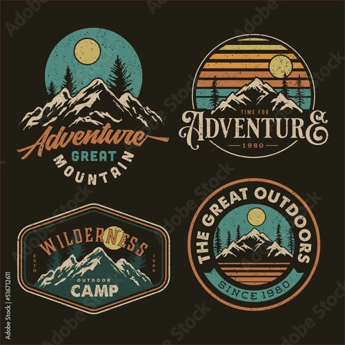 set collection of vintage adventure badge. Camping emblem logo with mountain illustration in retro hipster style.