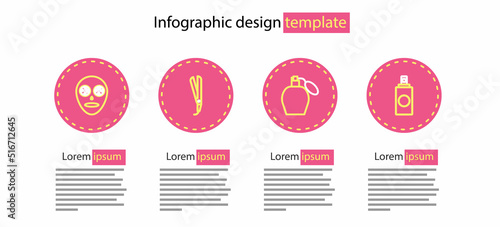 Set line Perfume, Spray can, Curling iron and Facial cosmetic mask icon. Vector