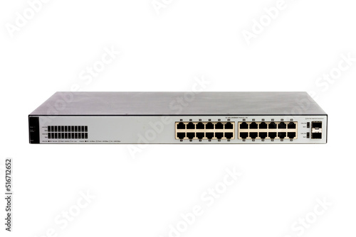 24-port gigabit switch black and white color isolated on white background. Components to create local area network for share data and device.