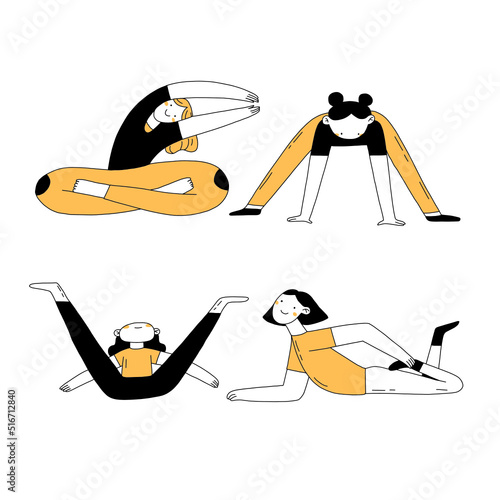 Do sport doodle outline hand drawn illustration set. Simple line vector characters design. Summer sport illustration. Stretching cartoon drawing.