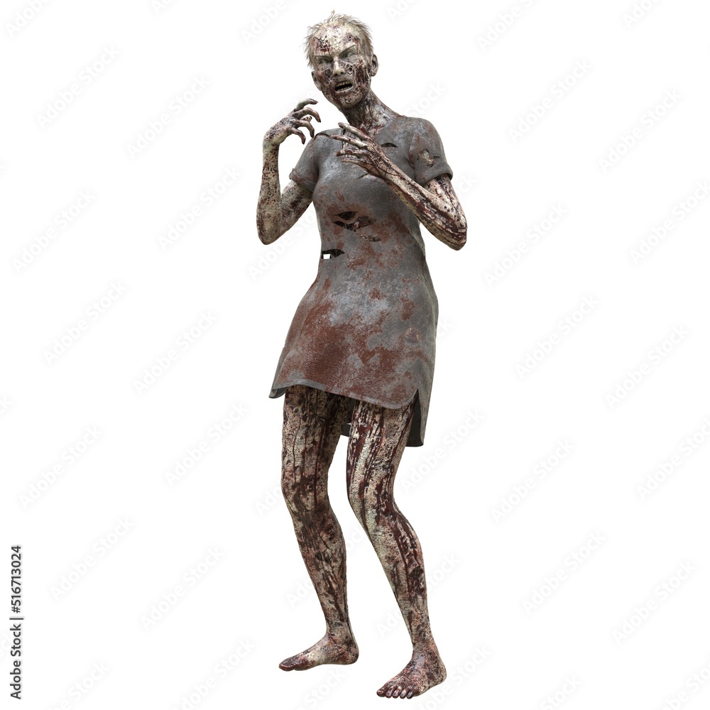 Zombie girl isolated white background 3d illustration