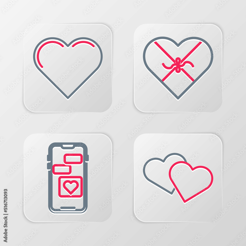 Set line Heart, Mobile with heart, Candy in shaped box and icon. Vector