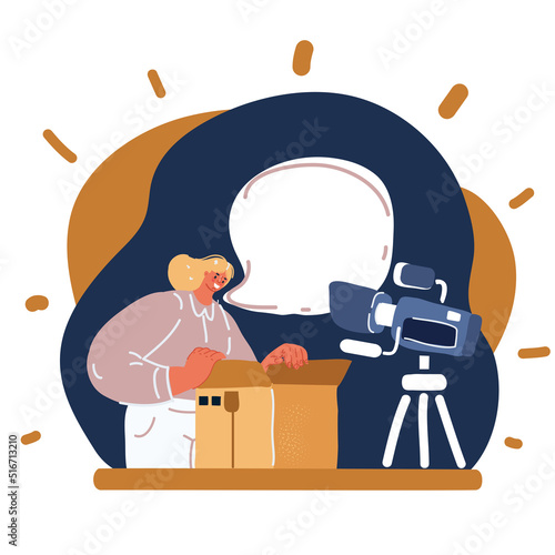 Cartoon vector illustration of Happy young woman unpack cardboard box buying goods on Internet, smiling excited millennial girl open carton parcel order, shopping online, good delivery concept