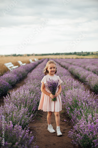 Fototapeta Naklejka Na Ścianę i Meble -  cute 6 year old girl in pink dress is walking through the lavender field with a bouquet of flowers in hands