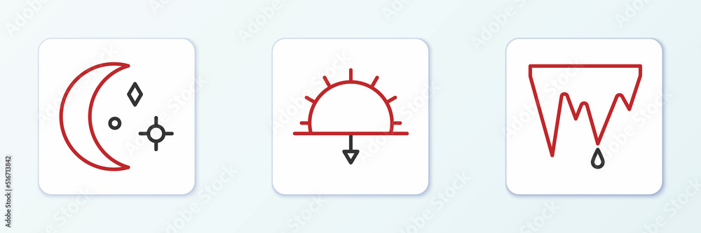 Set line Icicle, Moon and stars and Sunset icon. Vector Set line Icicle, Moon and stars and Sunset icon. Vector