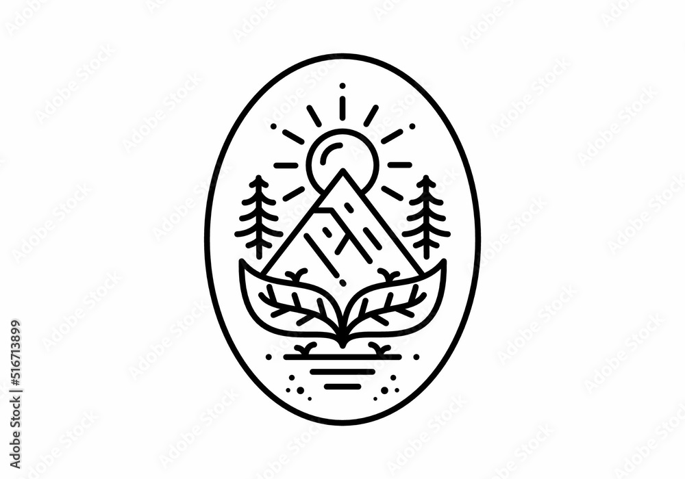 Leaf, mountain and sun line art illustration design Leaf, mountain and sun line art illustration design