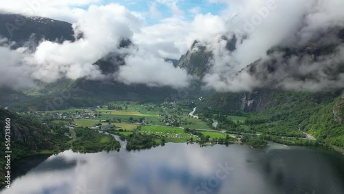 Aerial View Of Ovre Eidfjord located at the southern end of the lake Eidfjordvatnet photo