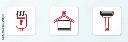 Set line Shaving razor, Electrical hair clipper shaver and Towel on hanger icon. Vector