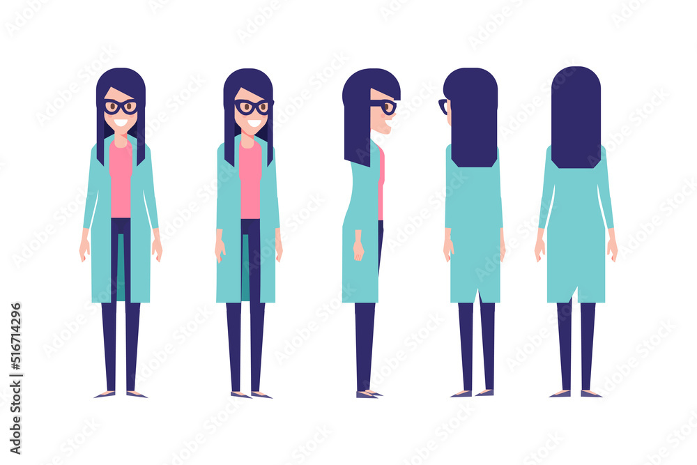 Body Side View Animation Girl, Woman front, side, back view flat vector character for animation ...