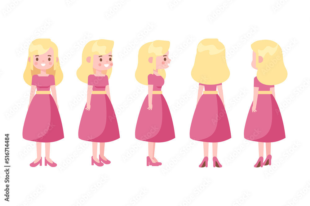 Girl, Woman front, side, back, 3-4 view flat vector character for animation. Separate body parts. Girl, Woman front, side, back, 3-4 view flat vector character for animation. Separate body parts.