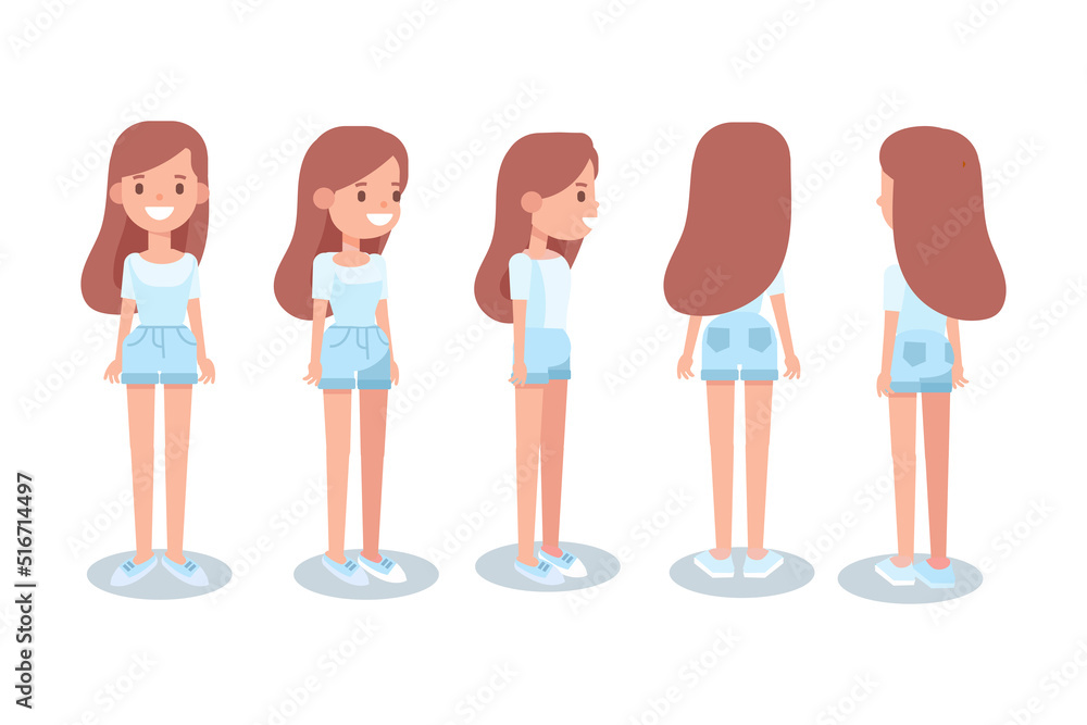 Obraz premium Girl, Woman front, side, back, 3-4 view flat vector character for animation. Separate body parts.